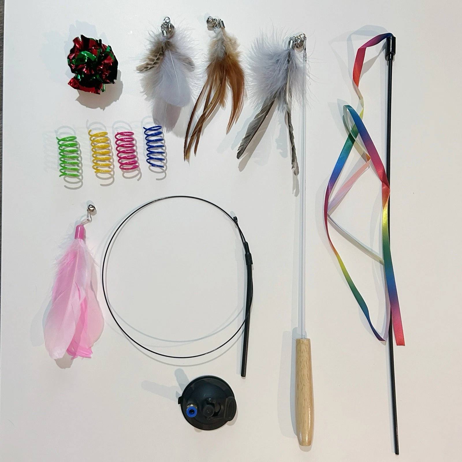 Cat Teaser Toy Bundle~Feather Teaser, Rainbow Teaser, Wand w/Suction Cup, Spring