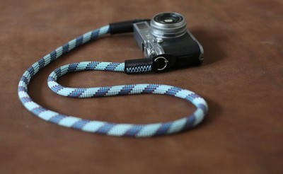 Pale Blue Camera Neck Strap: Climbing Rope & Leather, Hand Sewn