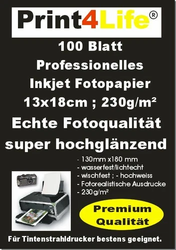 100 Blatt 13x18cm 230g/m² Fotopapier Hochglänzend wasserfest von Print4Life