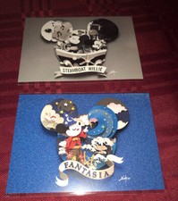 Disney Parks Fenway Fan Set Mickey Head Magic Fantasia Steamboat Willie Postcard