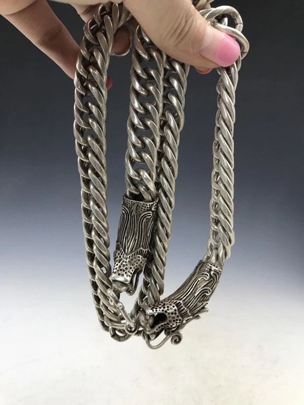 Antiguo collar fino dragón doble hecho a mano de plata Tíbet de China asiática Foto 3 de 4