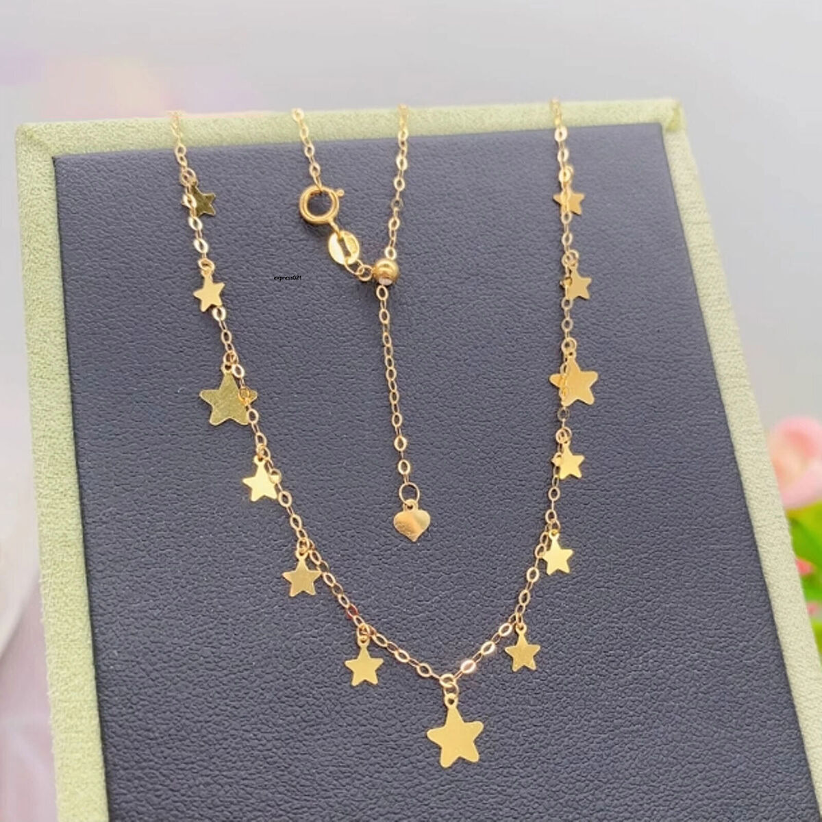 Pure 18K Yellow Gold Chain Women Star Tassel O Link Adjust Pure 18K Yellow Gold Chain Women Star Tassel O Link Adjust