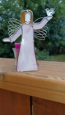 STAINED GLASS pink / Mauve ANGEL candle Tealight Holder free standing