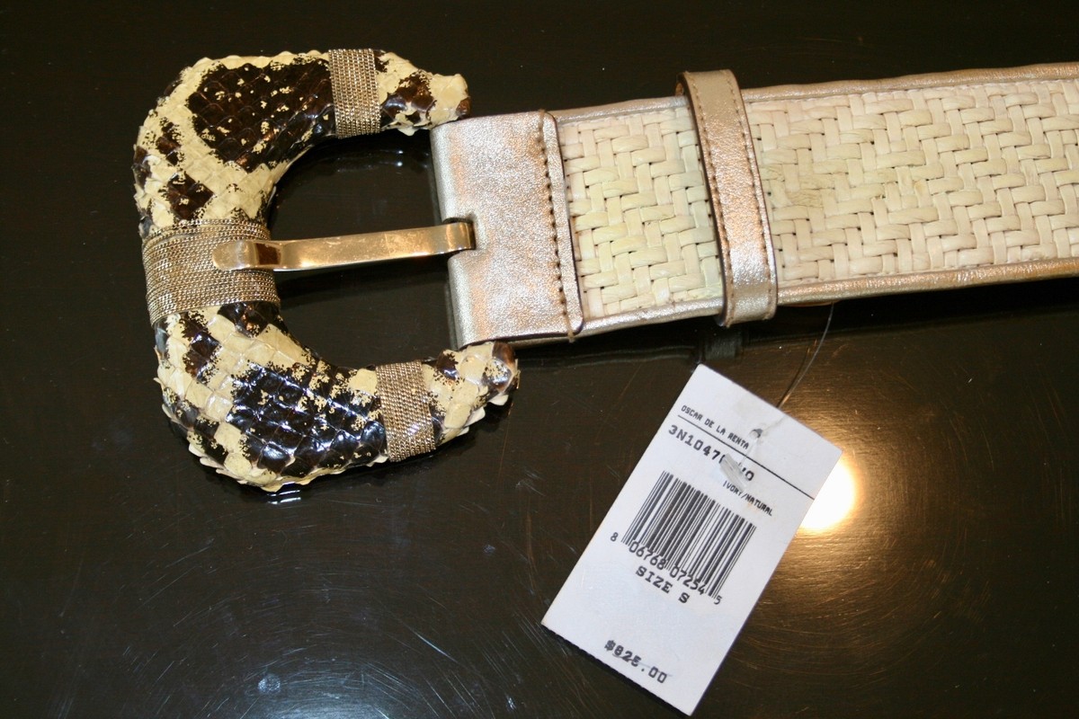 OSCAR DE LA RENTA WOVEN FRINGE TRIM BELT, IVORY, SIZE L, NWT. NWT OSCAR DE LA RENTA IVORY WOVEN BELT SNAKESKIN BUCKLE  main image 2