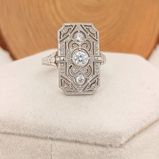 Art Deco Filigree Ring Vintage Style Engagement Cocktail Ring 14K White Gold FN