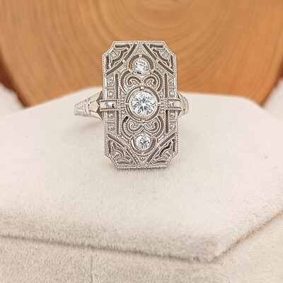 Art Deco Filigree Ring Vintage Style Engagement Cocktail Ring 14K White Gold FN