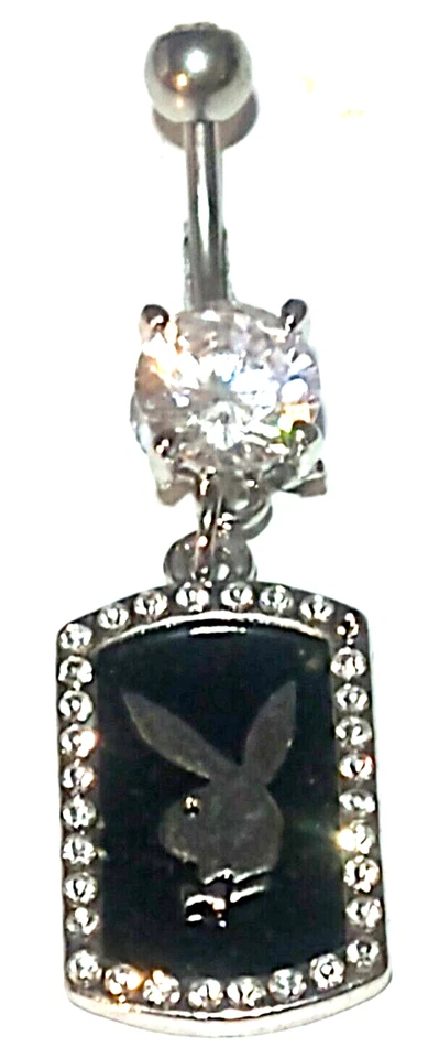 CZ Sexy Negro Plata Etiqueta de Perro 14g 7/16 Licencia Playboy Anillo Vientre Medallón Regalo Foto 2 de 3