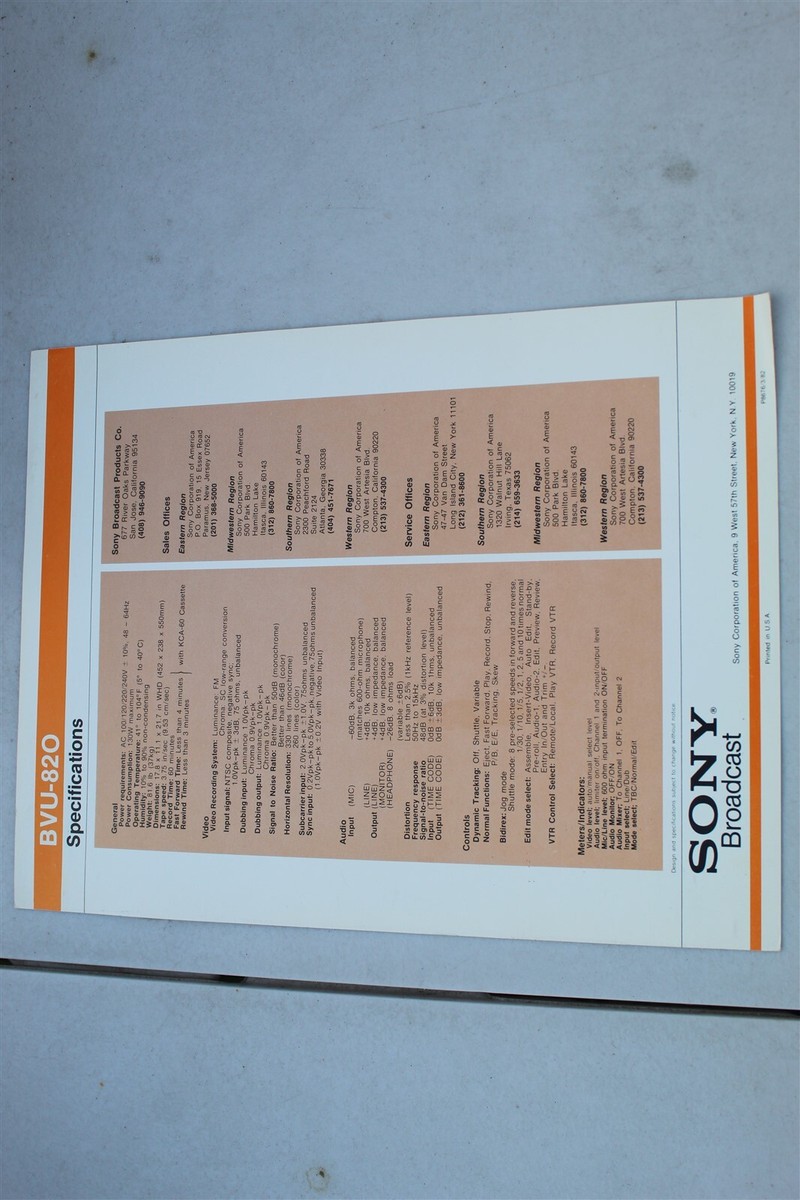 SONY BVU-820 BROADCAST CASSETTE VTR BROCHURE SPECIFICATION SHEET