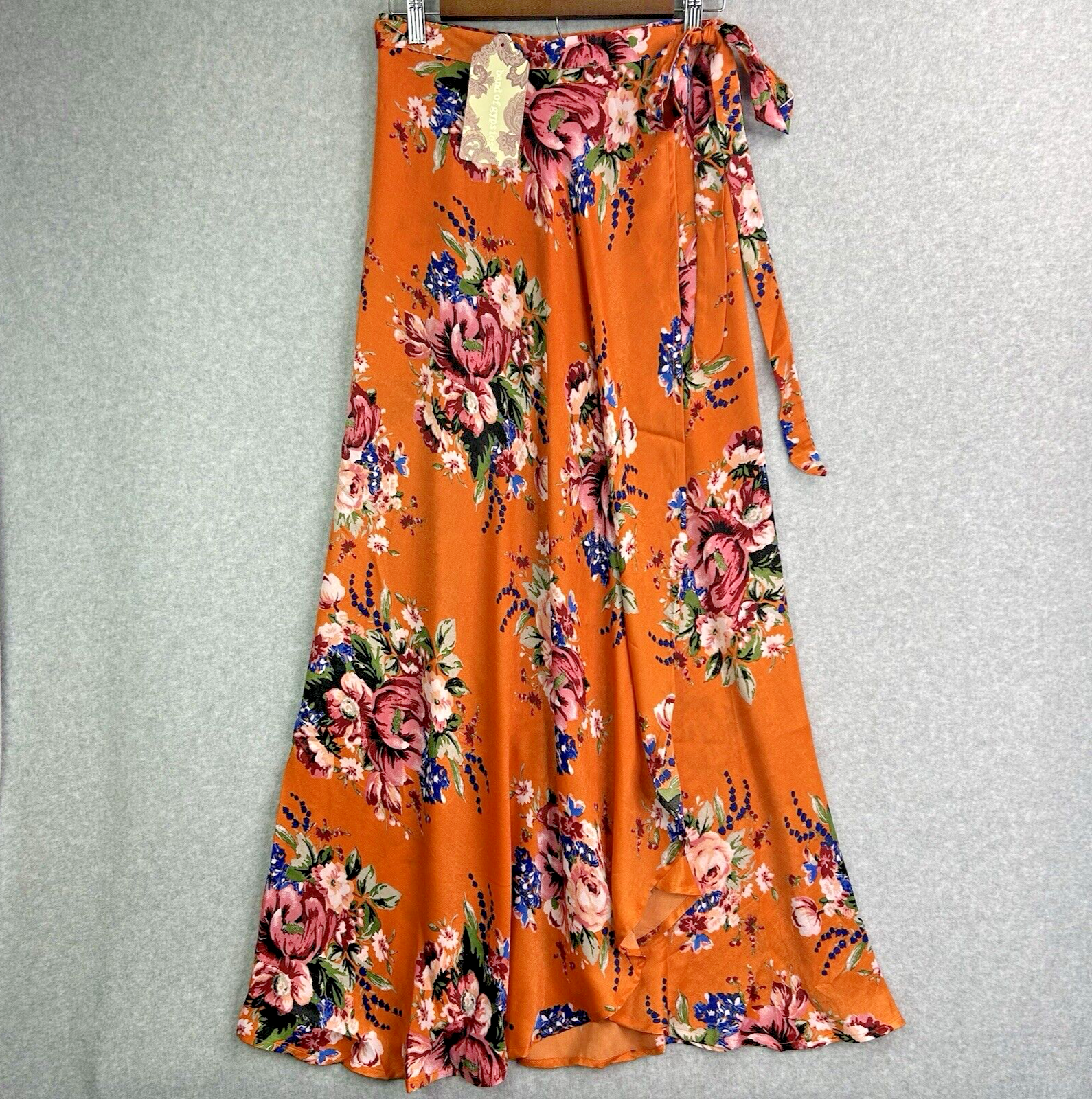 Revolve Band of Gypsies Orange Rose Satin Maxi Wrap Skirt Size XS Boho Chic NWT