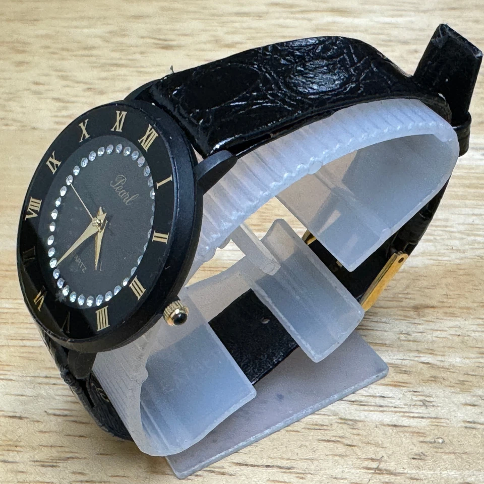 Vintage Pearl Quartz Watch Unisex Black Faux Diamonds Leather Analog New Battery - Image 4 of 4