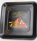 Vintage Soviet Russia Hand Painted Floral Tole Ware 8.5" Tray Folk Art Signed