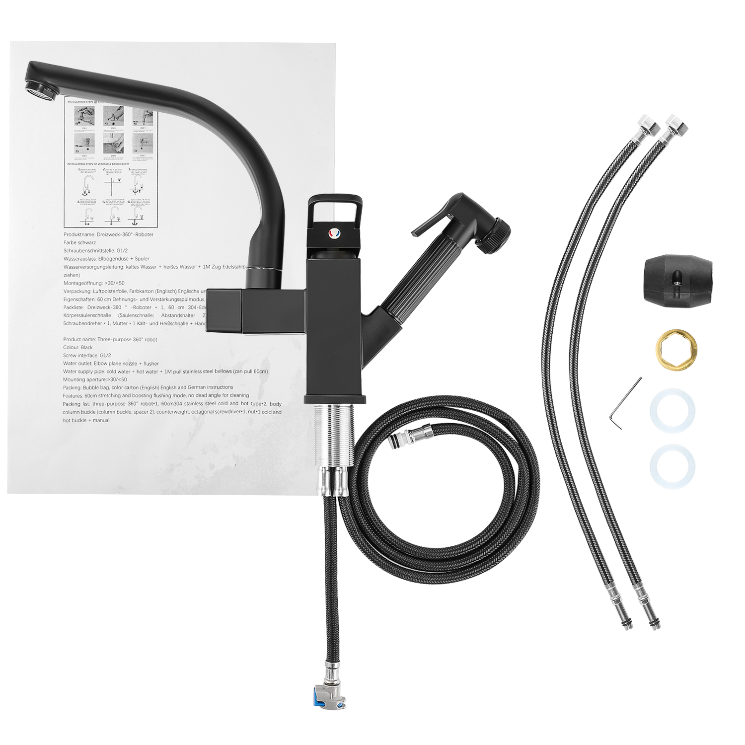 Matt Black Monobloc Kitchen Sink Mixer Tap with Pull Out Hose Spray
