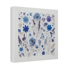 Blue Pressed Wildflowers Stretched Canvas Print, 6" Square, Cottagecore Wall Art