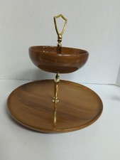 Vintage Large Myrtle Wood 2 Tier Snack Tray Oregon Brown MCM Retro
