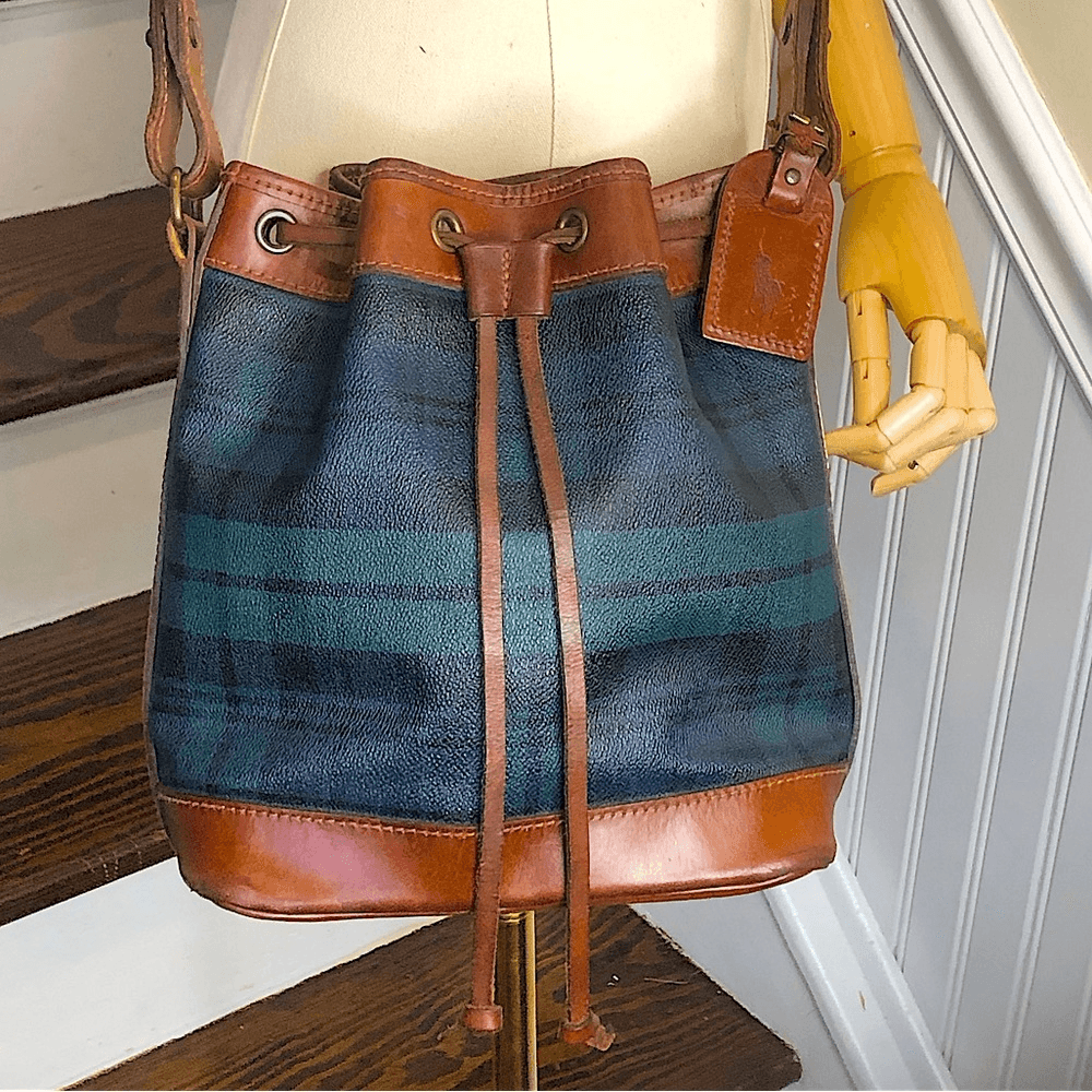 Vintage Ralph Lauren Black Watch Plaid Leather Bucket Draw String Purse Vintage Ralph Lauren Blackwatch Plaid Drawstring Bucket Bag  main image 3