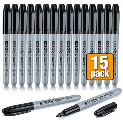 Black Permanent Markers Bulk, 15 Packs Fine Tip Permanent Marker, Waterproof 