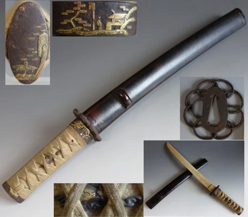 koshirae wakizashi kiku menuki scenery fuchi kashira samurai sword fitting Edo