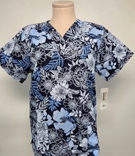 Women Scrub Top Cotton Blend Butter-Soft by UA Blue Floral Pockets S Small