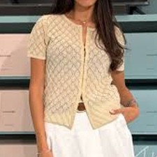 Zara Womens Beige Short-Sleeve Crochet Top Sz...
