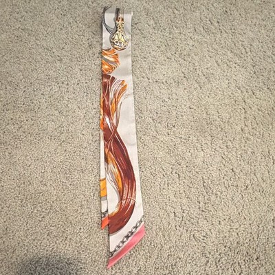 HERMÈS Twilly Cavalcades Silk Twill Scarf Floral Equestrian Gray Orange