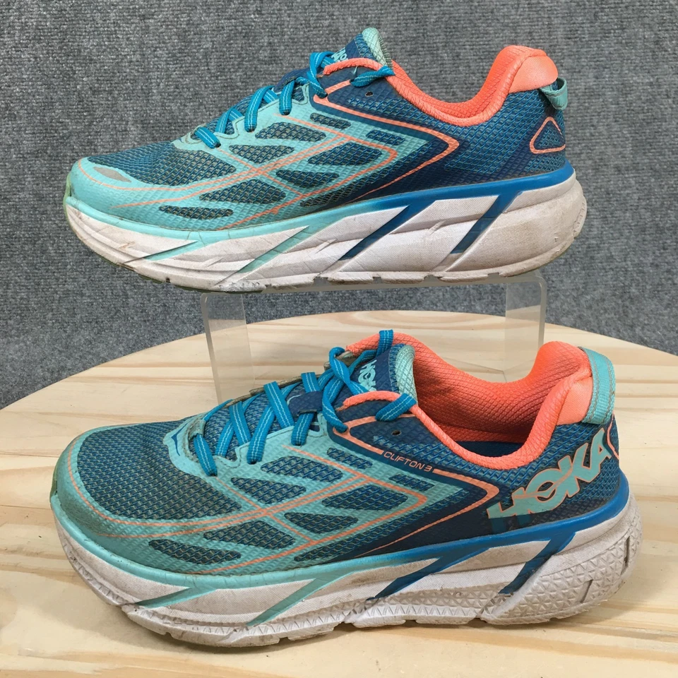 Zapatos para correr HOKA One One para mujer 8 Clifton 3 con cordones azul naranja malla Foto 2 de 4