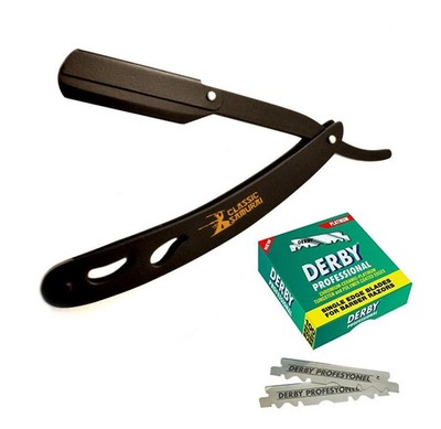 Matte Black Folding Straight Razor Shaving Barber Supply +100 Derby Blades by CS