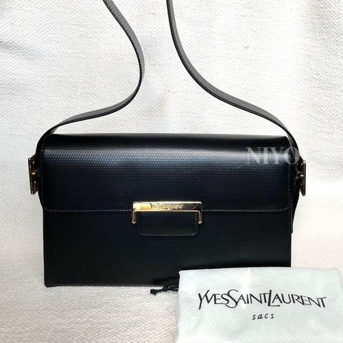 Yves Saint Laurent Black Leather Shoulder Bag Gold Hardware Vintage Japan 76