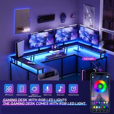 79" L-Shaped Desk U Shaped Gaming Desk Computer Desk with LED Strip  Outlets