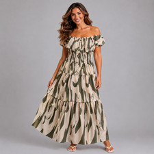 ROCKTHOSECURVES WOMENS Abstract Print Bardot Maxi Gyspy Dress