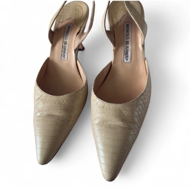 Manolo Blahnik Carolyne Serpiente 256 Tacones Cordones 40 Crema Serpiente Brillo RARO Foto 2 de 4