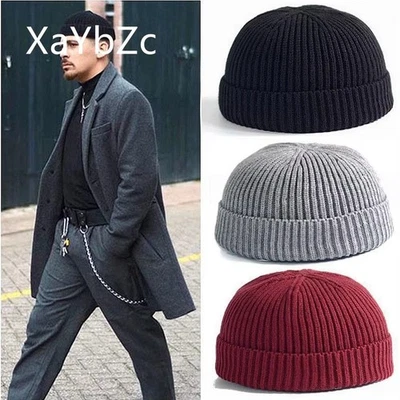 Men Mini Short Fisherman Beanie Hat Winter Warm Knitted Ribbed Docker Skull Cap
