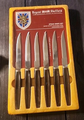 Regent Sheffield Steak Knife Set of 6 Brown Bakelite Handles Kitchen  NOS