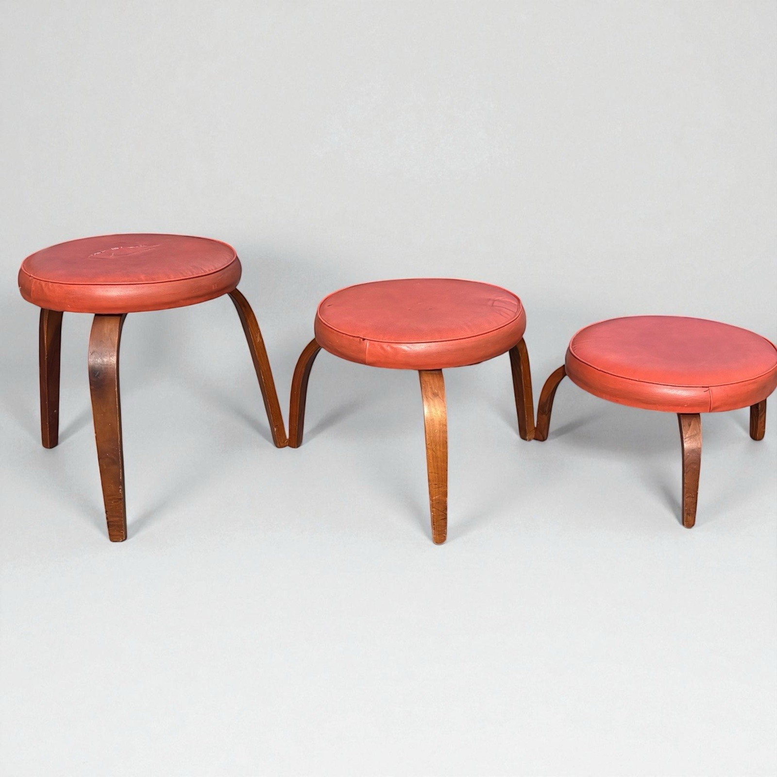 3 Vintage MCM Thonet Bentwood Nesting Stools Mid Century Stacking Orange Vinyl