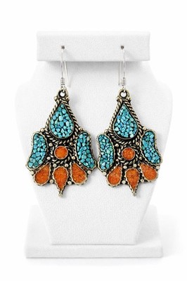 Authentic Moroccan Silver Mosaic Earrings Turquoise Coral Artisan Boho Dangle