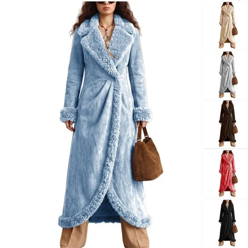 Womens Asymmetrical Faux Shearling Suede Coat, Multi‑Color Long Warm Outerwear