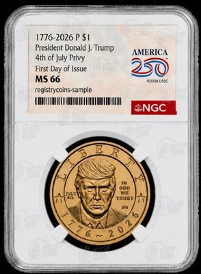 2026 P President Donald J. Trump  Liberty $1 Dollar NGC MS66 4th Of JULY PRIVY 