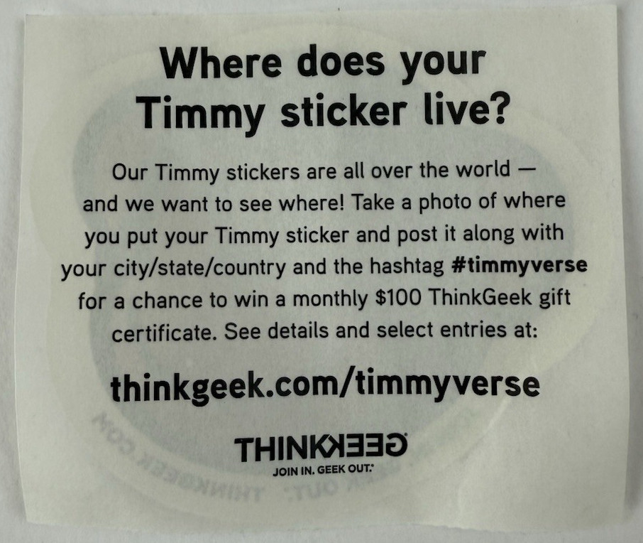 RARE Think Geek Company Timmy the Monkey Mascot Sticker - ThinkGeek Merchandise