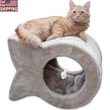Fish Shaped Cat Scratcher Plush Faux Fur Cave Sisal Pad W/ Interactive Toy New
