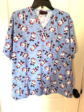 Melrose Unisex Christmas Theme Scrub Top Size L Blue with Santa Claus