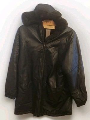 L Middlebrook Park Hooded Leather Coat, Faux Fur Lining. Inside/Outside Pockets