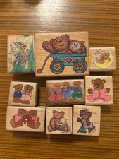 Lote de 9 estampillas de goma de madera de oso de peluche vintage sin usar nunca entintadas años 80 años 90