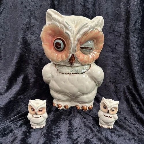 VTG Shawnee Pottery Winking Owl Cookie Jar with Matching Salt & Pepper Shakers
