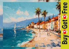 Mediterranean Coast 5"x7" Print on Matte Paper | Vibrant Seaside Oil Landscape