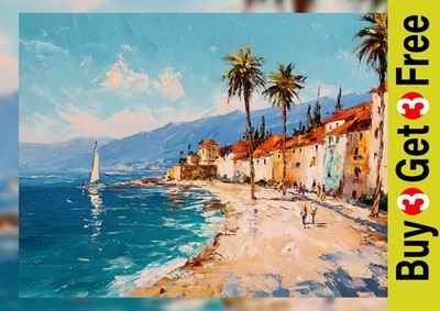 Mittelmeerküste 5''x7'' Druck auf mattem Papier | Lebendige Öllandschaft am Meer
