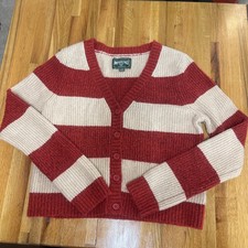 American Eagle Cardigan Womens L 5 Button Red Tan Cream Stripe