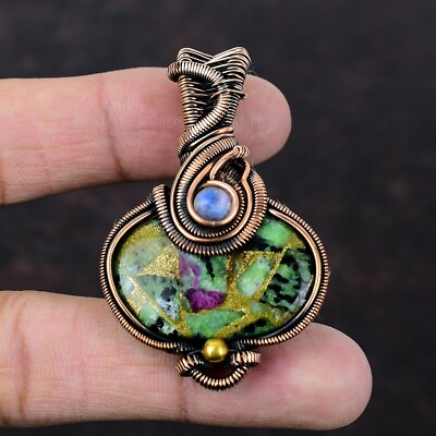 Ruby Zoisite Wire Wrapped Pendant Handcrafted Copper Holiday 2.28''