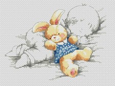 New Baby - Baby with Rabbit in Blue Dress Counted Cross Stitch Chart No. 5-139