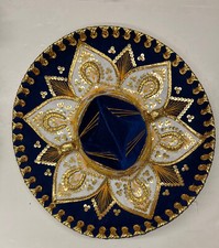 Vintage Mexican Luna Sombrero Mariachi Hat Blue  Gold Mexico Sequins 18"
