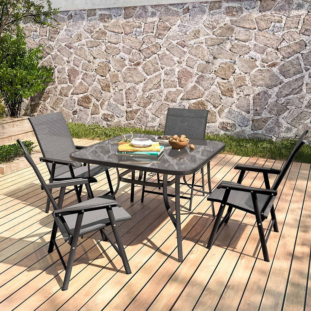 Patio Garden Table Black Metal Glass Outdoor Cafe Dining Table with Parasol Hole