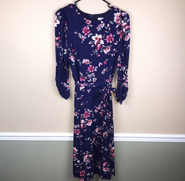 chinese dress ladies Eliza J Jewel Neck Long Sleeve Fit & Flare With Trapunto Belt Navy